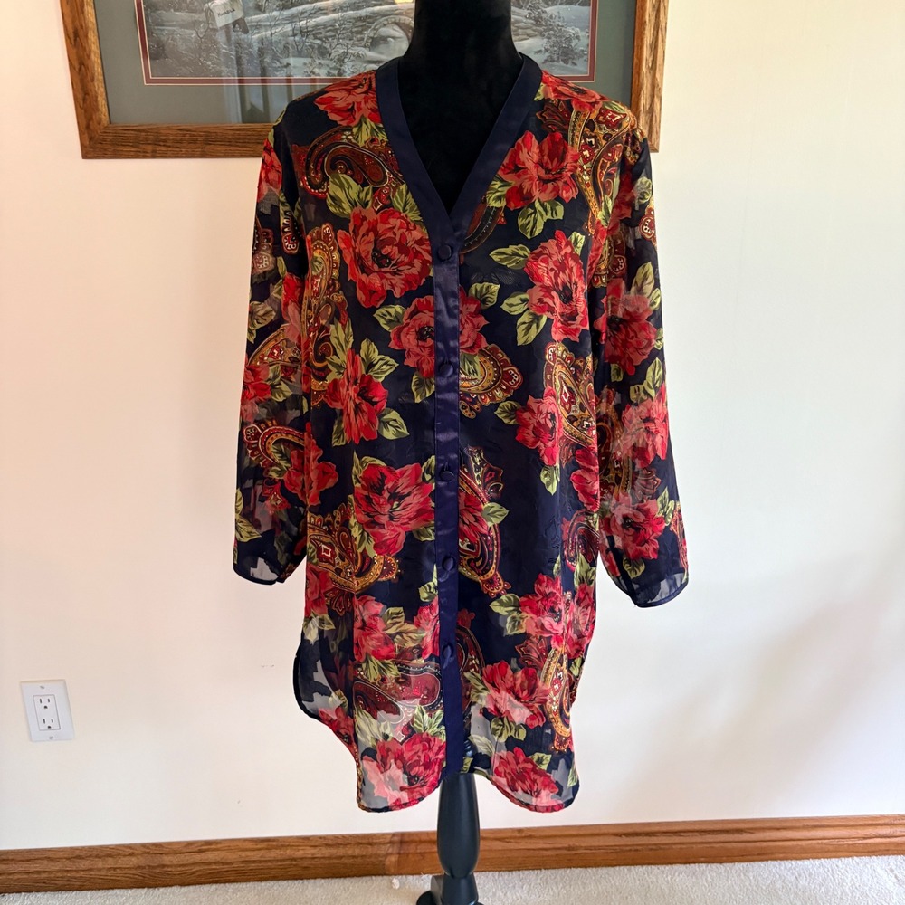 Victoria's Secret Vintage Floral Paisley Burnout Sleep Shirt Navy Red P/S